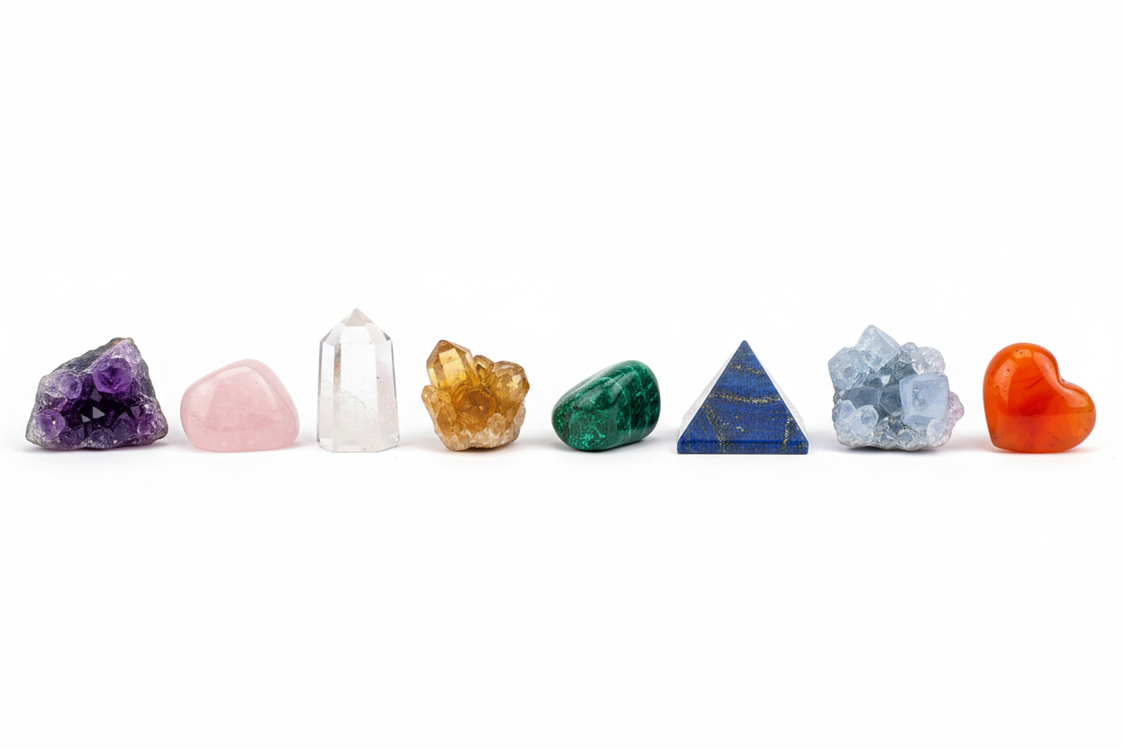 generate on a white background various crystals aligned in a line