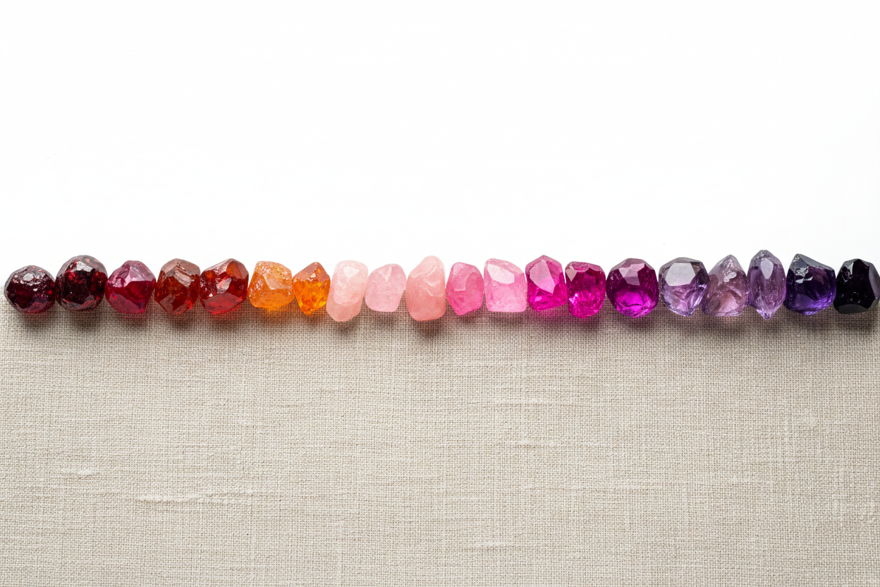 generate-on-white-background-linen-fabric-texture-in-a-line with a line of crystals with colors varying from red to purple on the top of the fabric